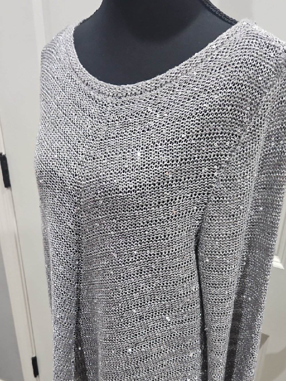 Chico's Silver Charcoal Gray Sequin Open Knit Top - Picture 2 of 8